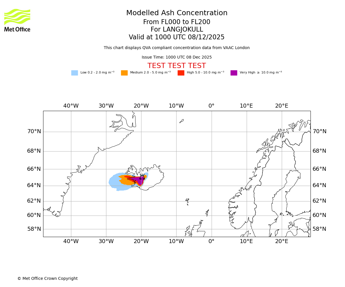 Modelled ash concentration from 000 to 200 for LANGJOKULL. Valid at 1000 UTC 08/12/2025