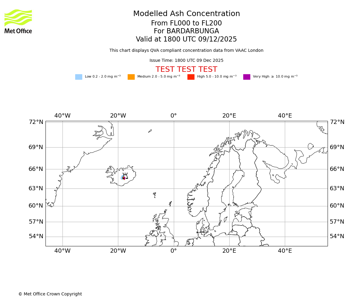 Modelled ash concentration from 000 to 200 for BARDARBUNGA. Valid at 1800 UTC 09/12/2025