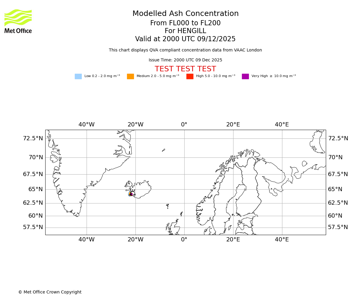 Modelled ash concentration from 000 to 200 for HENGILL. Valid at 2000 UTC 09/12/2025