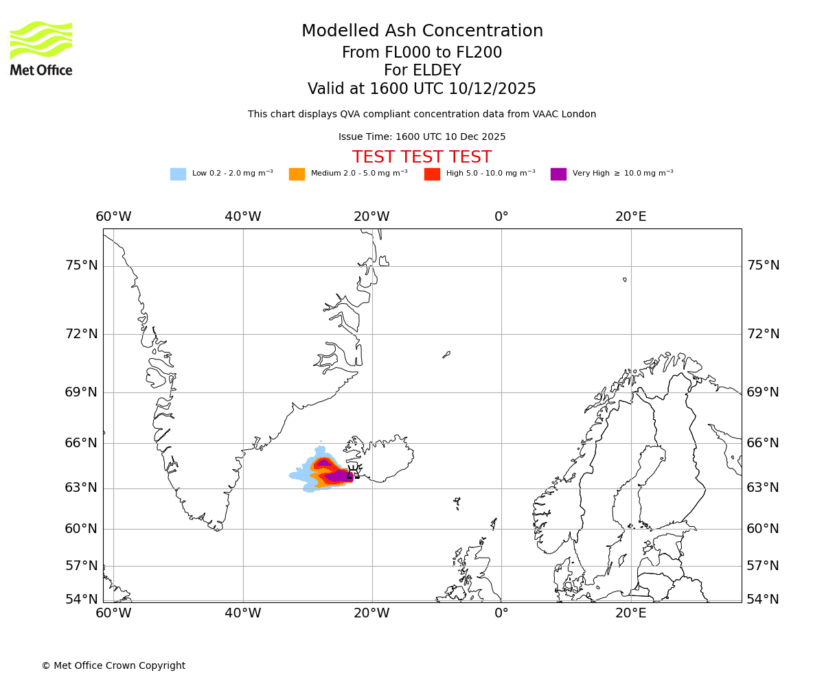 Modelled ash concentration from 000 to 200 for ELDEY. Valid at 1600 UTC 10/12/2025
