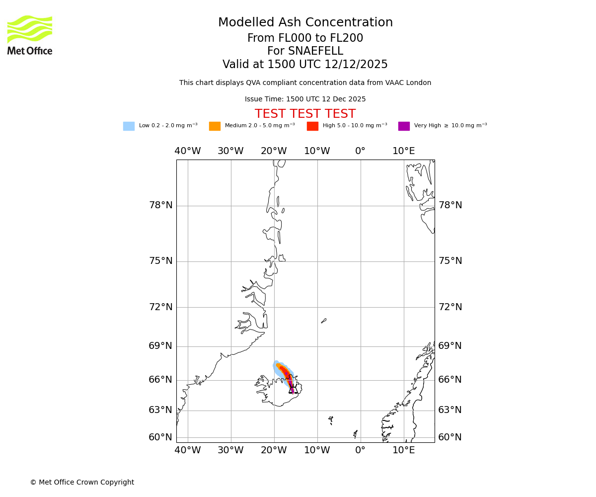 Modelled ash concentration from 000 to 200 for SNAEFELL. Valid at 1500 UTC 12/12/2025