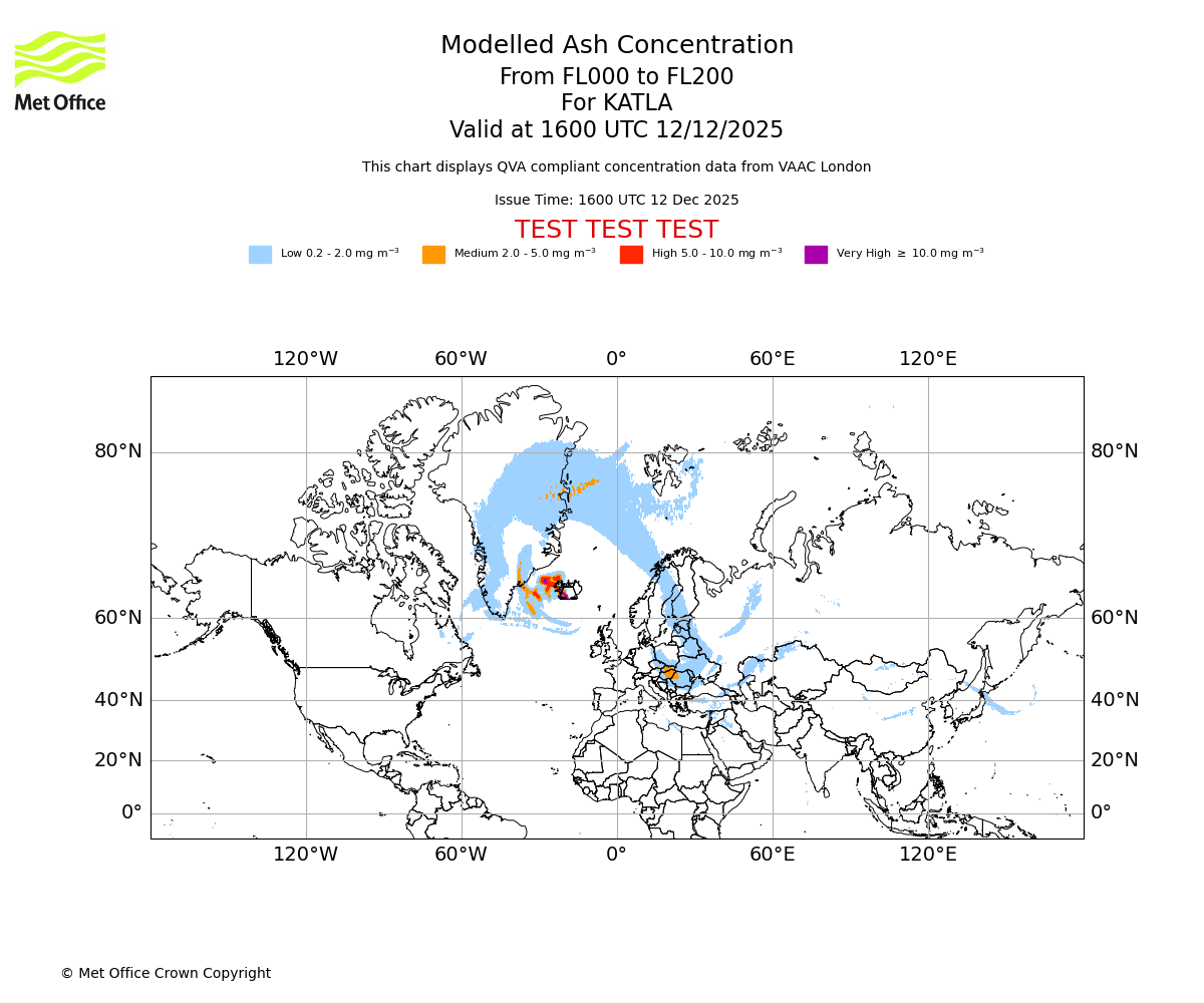 Modelled ash concentration from 000 to 200 for KATLA. Valid at 1600 UTC 12/12/2025