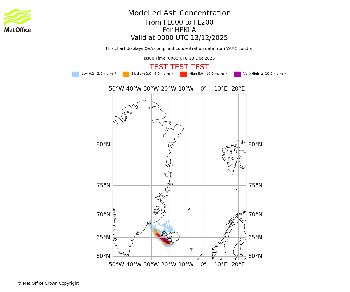 Modelled ash concentration from 000 to 200 for HEKLA. Valid at 0000 UTC 13/12/2025