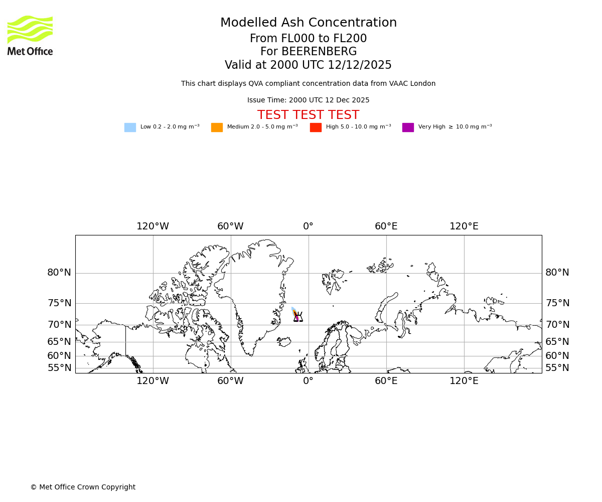 Modelled ash concentration from 000 to 200 for BEERENBERG. Valid at 2000 UTC 12/12/2025