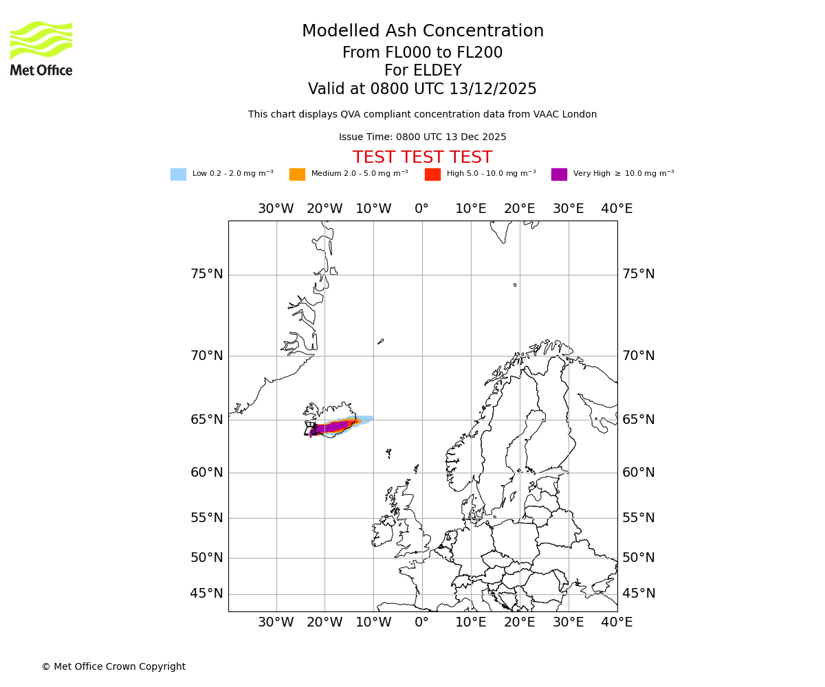 Modelled ash concentration from 000 to 200 for ELDEY. Valid at 0800 UTC 13/12/2025