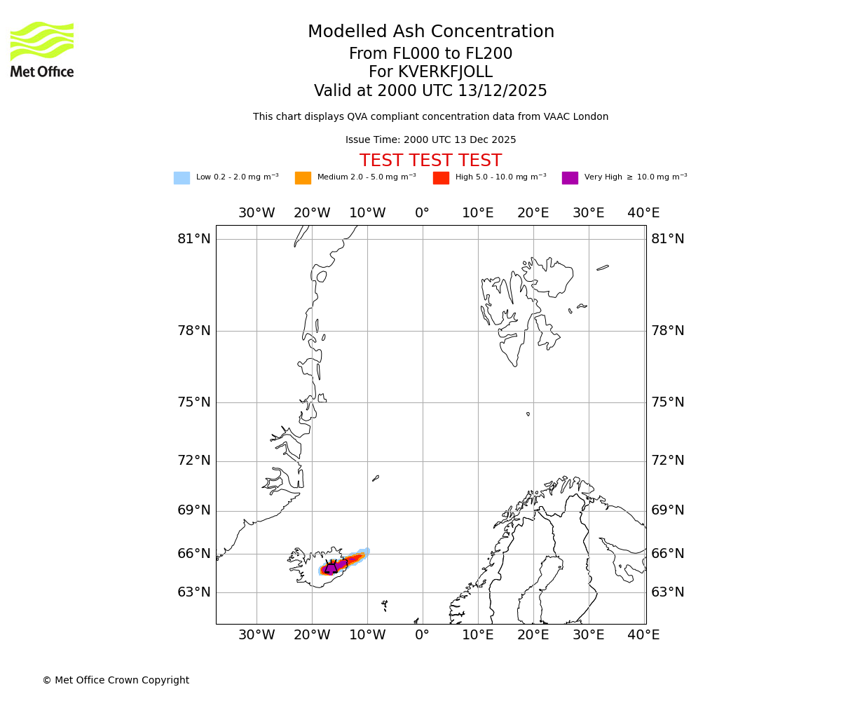 Modelled ash concentration from 000 to 200 for KVERKFJOLL. Valid at 2000 UTC 13/12/2025