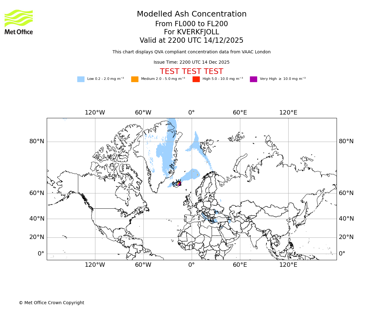 Modelled ash concentration from 000 to 200 for KVERKFJOLL. Valid at 2200 UTC 14/12/2025