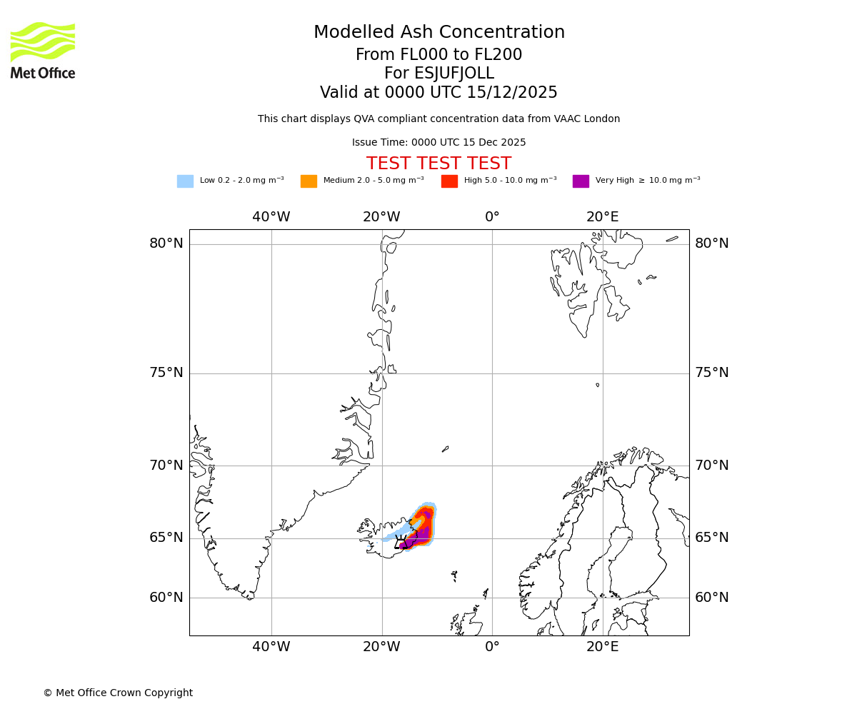 Modelled ash concentration from 000 to 200 for ESJUFJOLL. Valid at 0000 UTC 15/12/2025