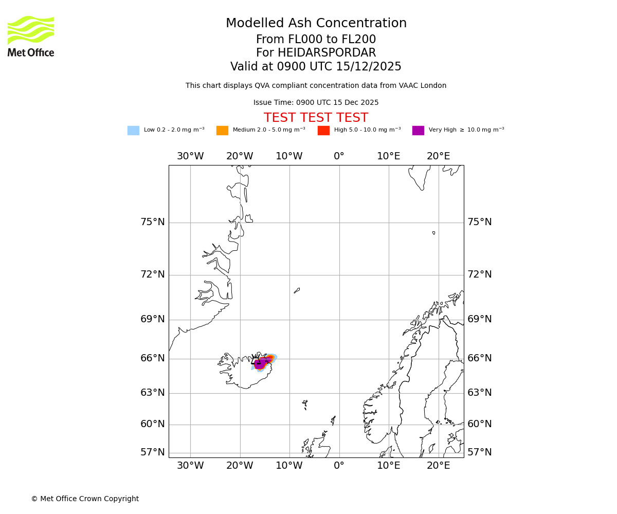Modelled ash concentration from 000 to 200 for HEIDARSPORDAR. Valid at 0900 UTC 15/12/2025