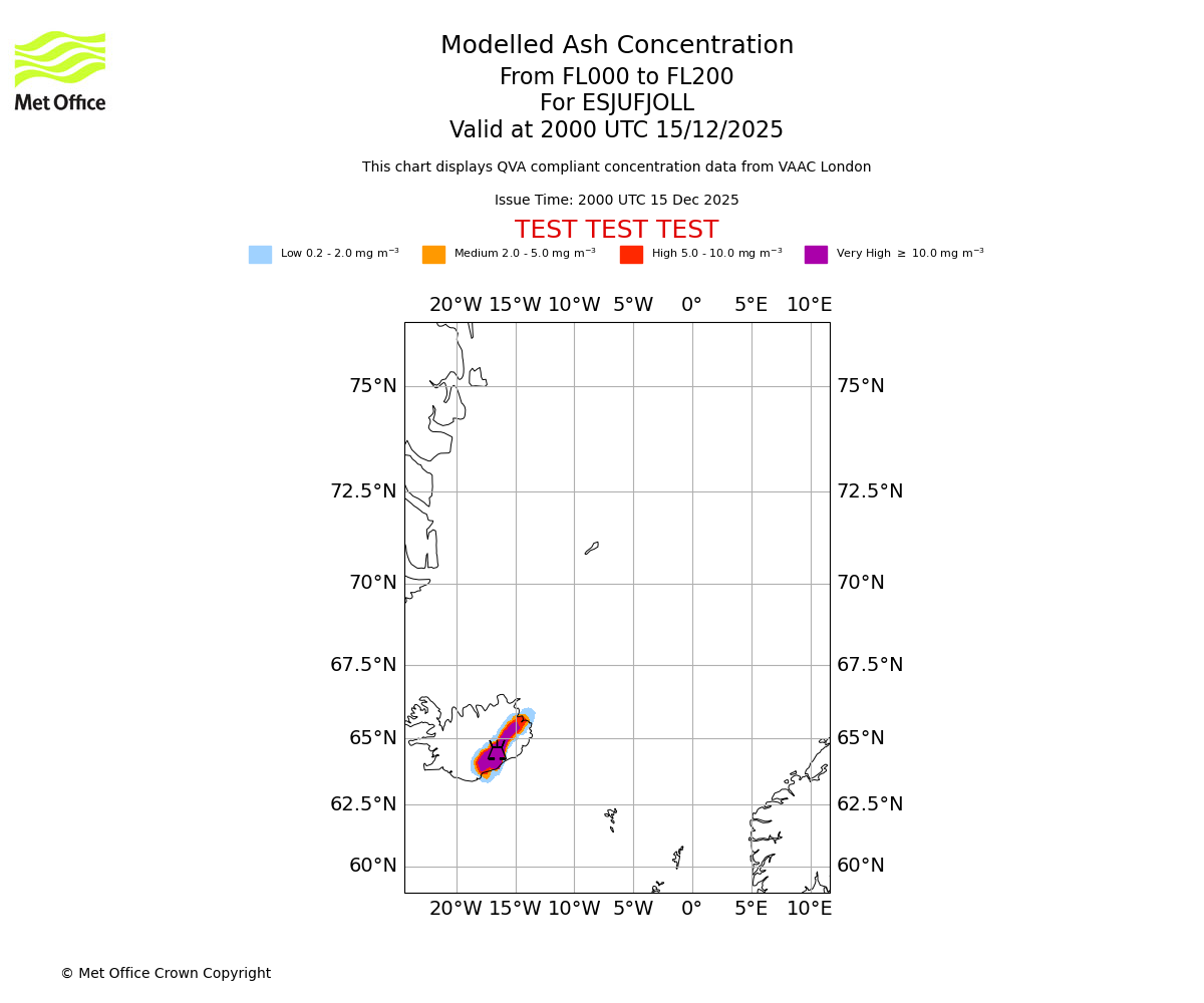 Modelled ash concentration from 000 to 200 for ESJUFJOLL. Valid at 2000 UTC 15/12/2025