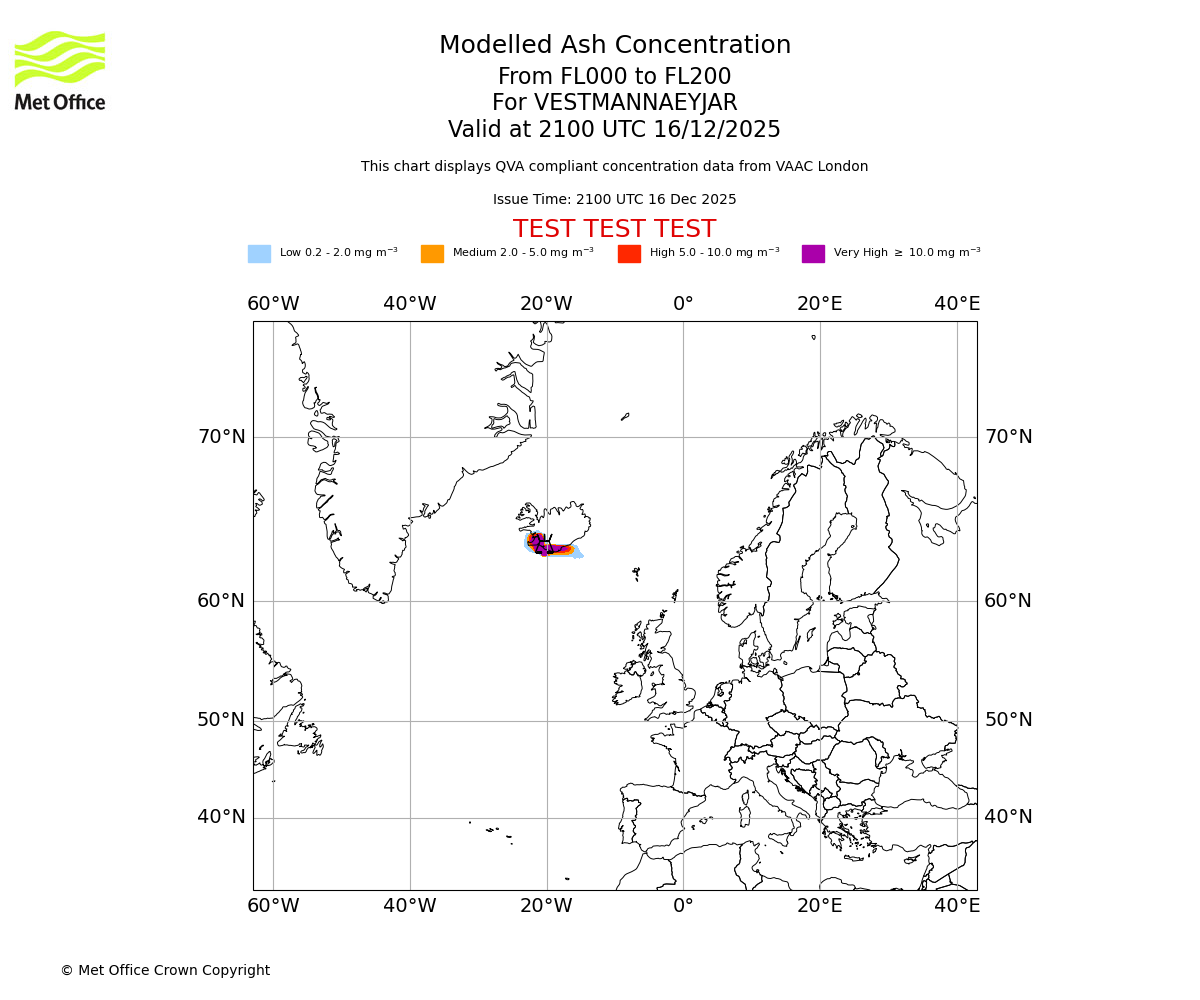 Modelled ash concentration from 000 to 200 for VESTMANNAEYJAR. Valid at 2100 UTC 16/12/2025