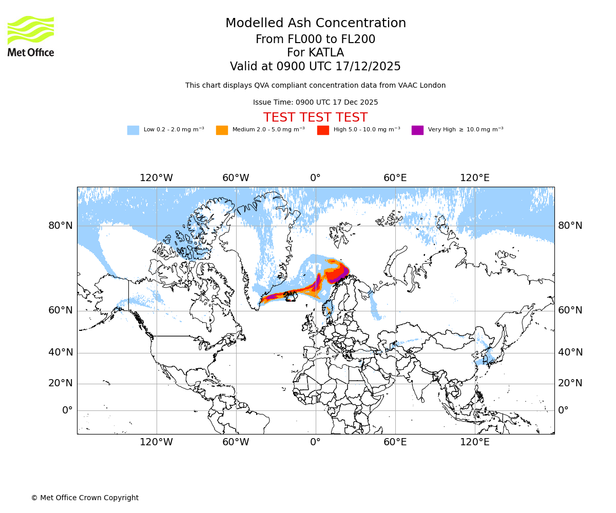 Modelled ash concentration from 000 to 200 for KATLA. Valid at 0900 UTC 17/12/2025