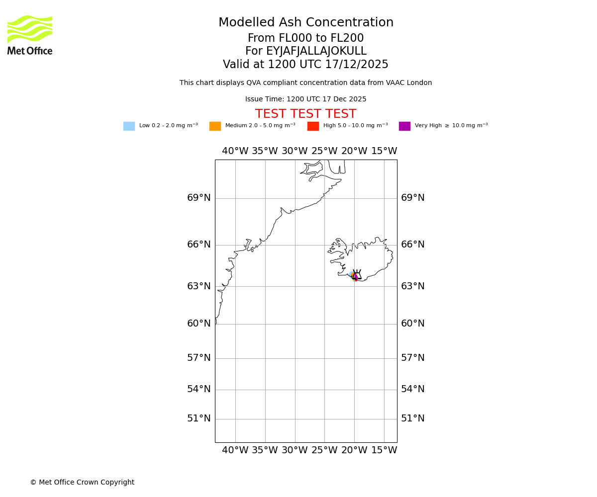 Modelled ash concentration from 000 to 200 for EYJAFJALLAJOKULL. Valid at 1200 UTC 17/12/2025