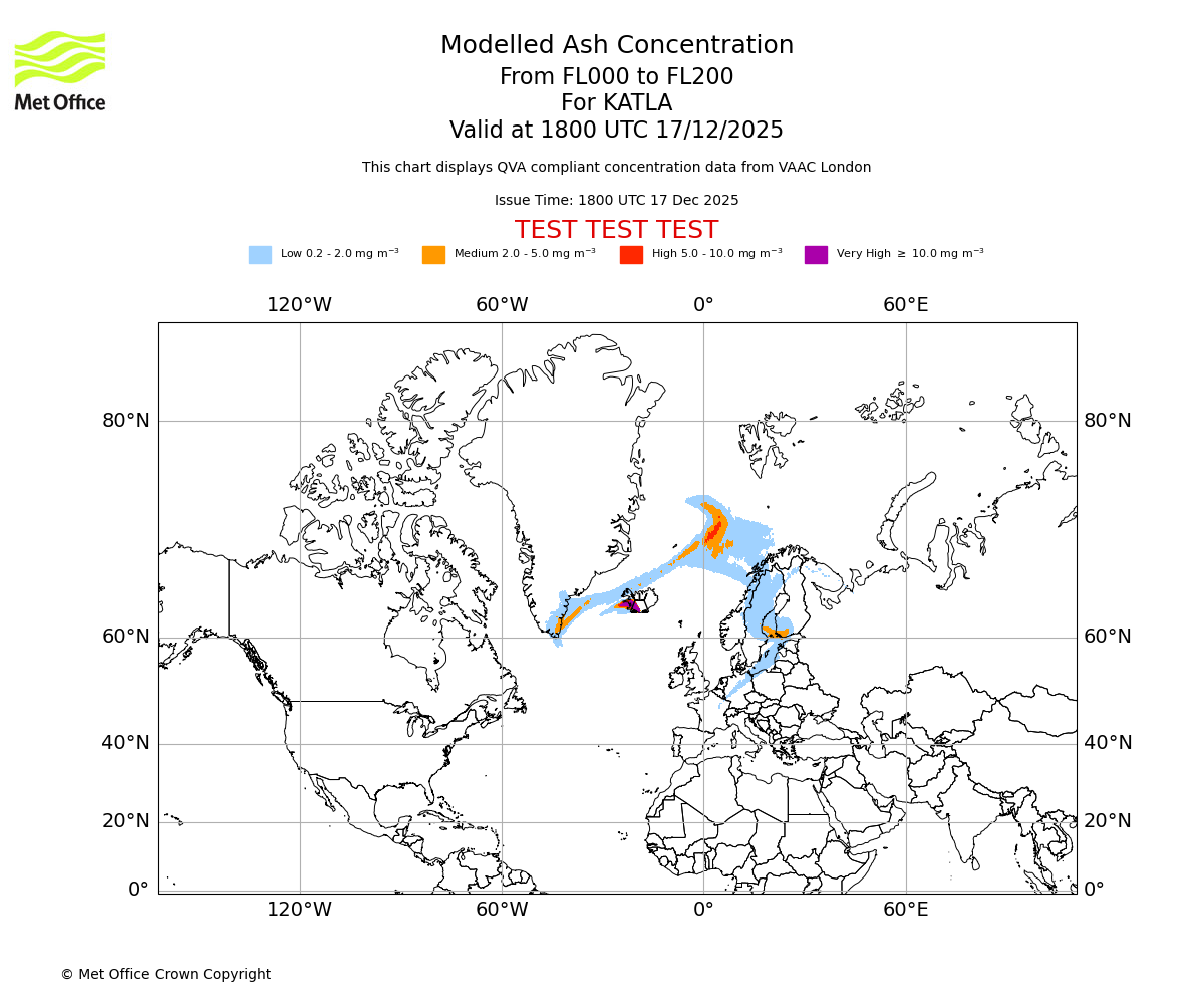 Modelled ash concentration from 000 to 200 for KATLA. Valid at 1800 UTC 17/12/2025