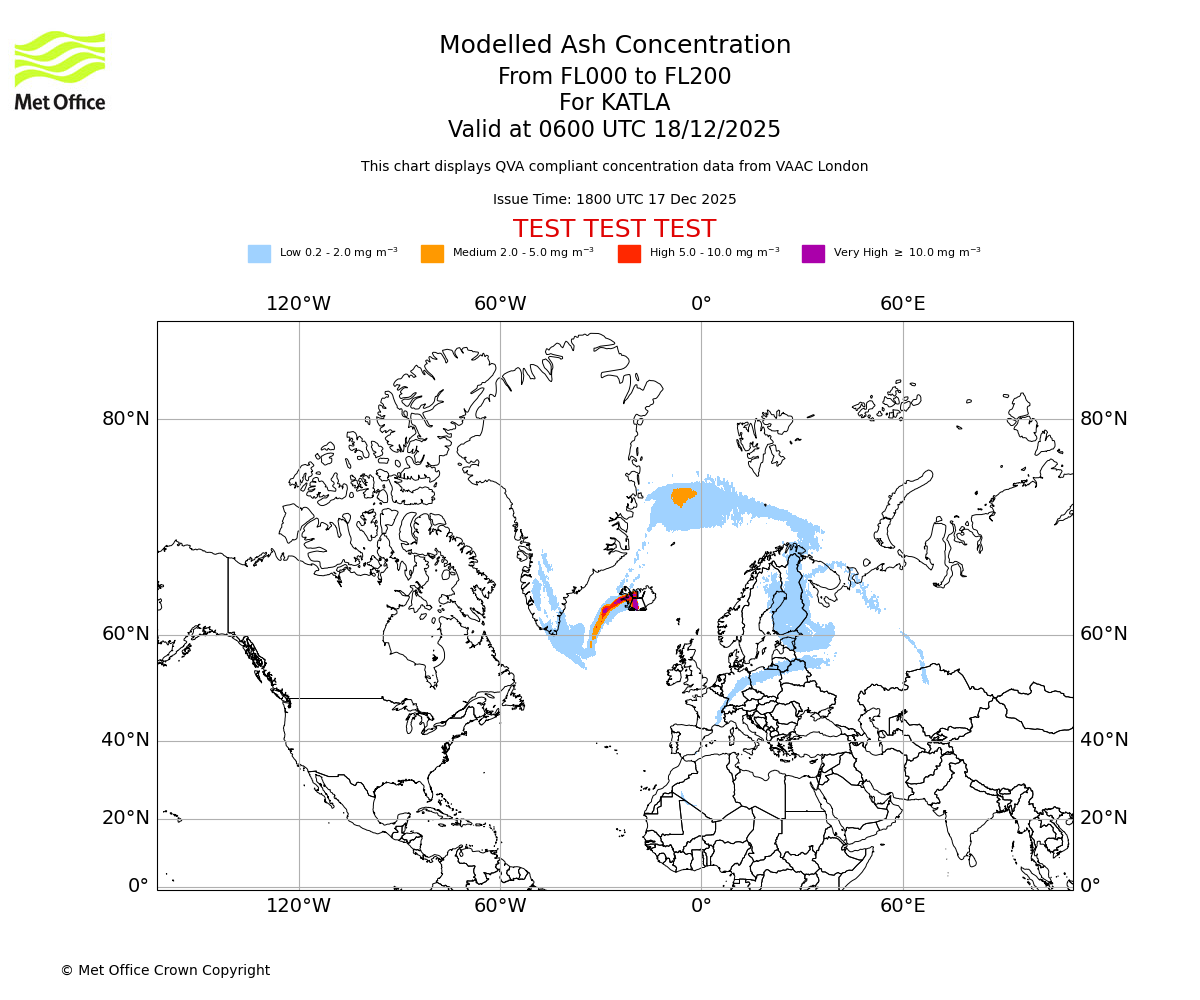 Modelled ash concentration from 000 to 200 for KATLA. Valid at 0600 UTC 18/12/2025