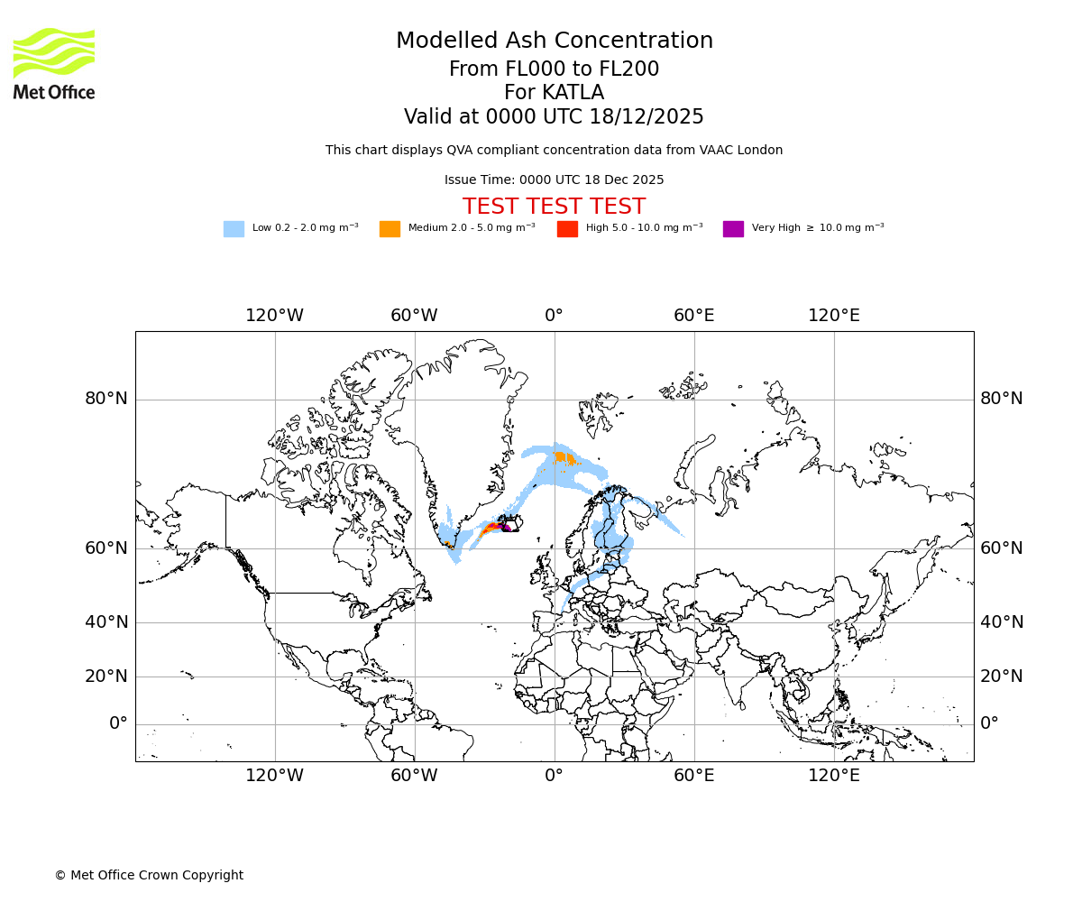 Modelled ash concentration from 000 to 200 for KATLA. Valid at 0000 UTC 18/12/2025
