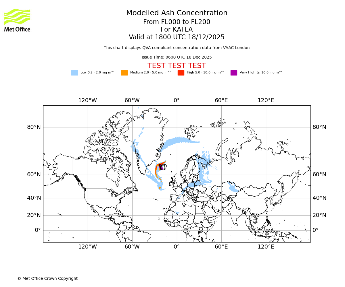 Modelled ash concentration from 000 to 200 for KATLA. Valid at 1800 UTC 18/12/2025