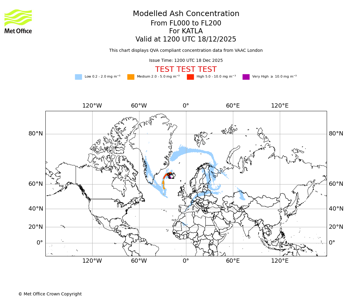 Modelled ash concentration from 000 to 200 for KATLA. Valid at 1200 UTC 18/12/2025