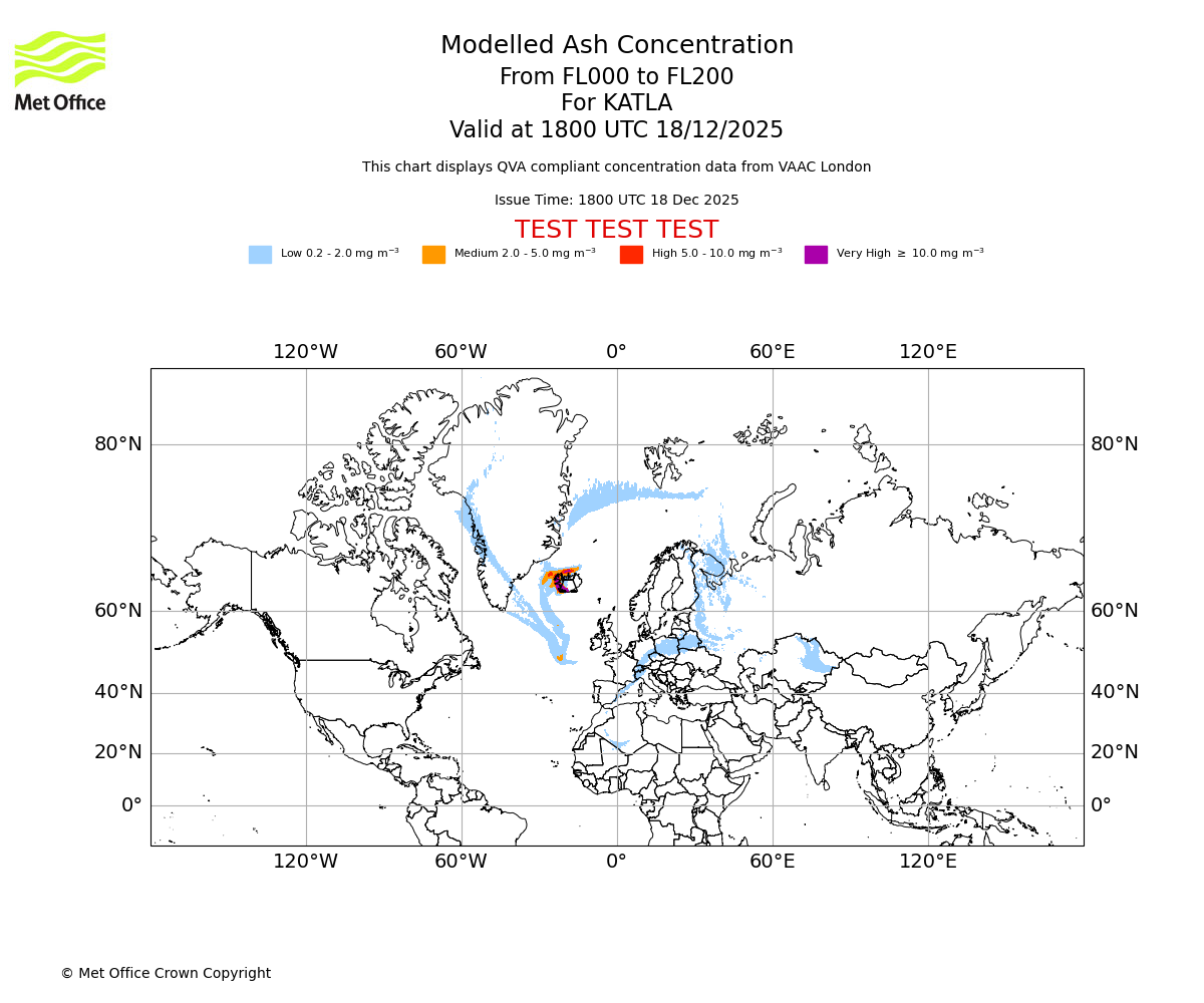 Modelled ash concentration from 000 to 200 for KATLA. Valid at 1800 UTC 18/12/2025