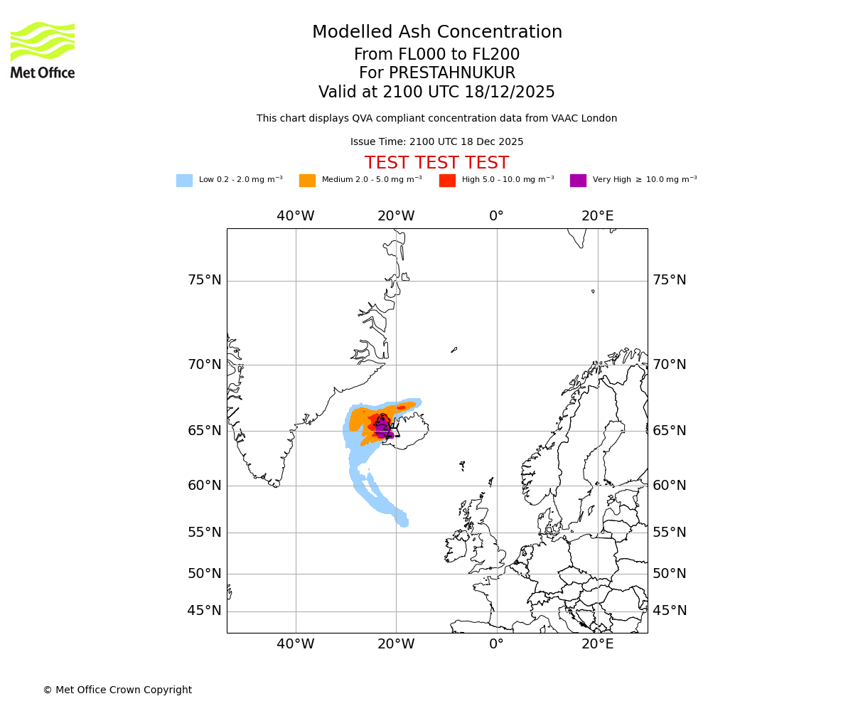 Modelled ash concentration from 000 to 200 for PRESTAHNUKUR. Valid at 2100 UTC 18/12/2025
