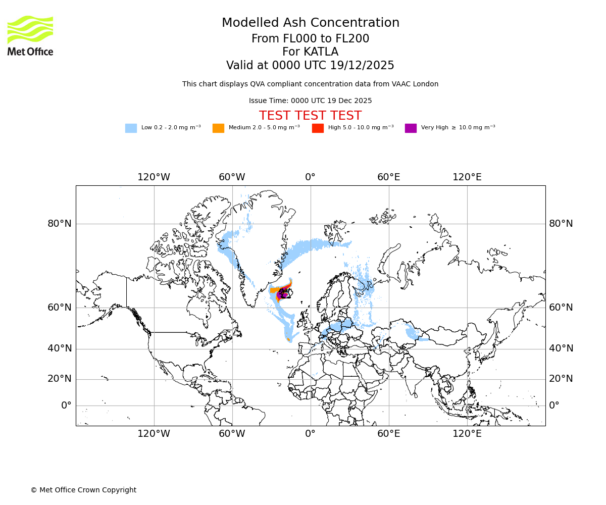 Modelled ash concentration from 000 to 200 for KATLA. Valid at 0000 UTC 19/12/2025