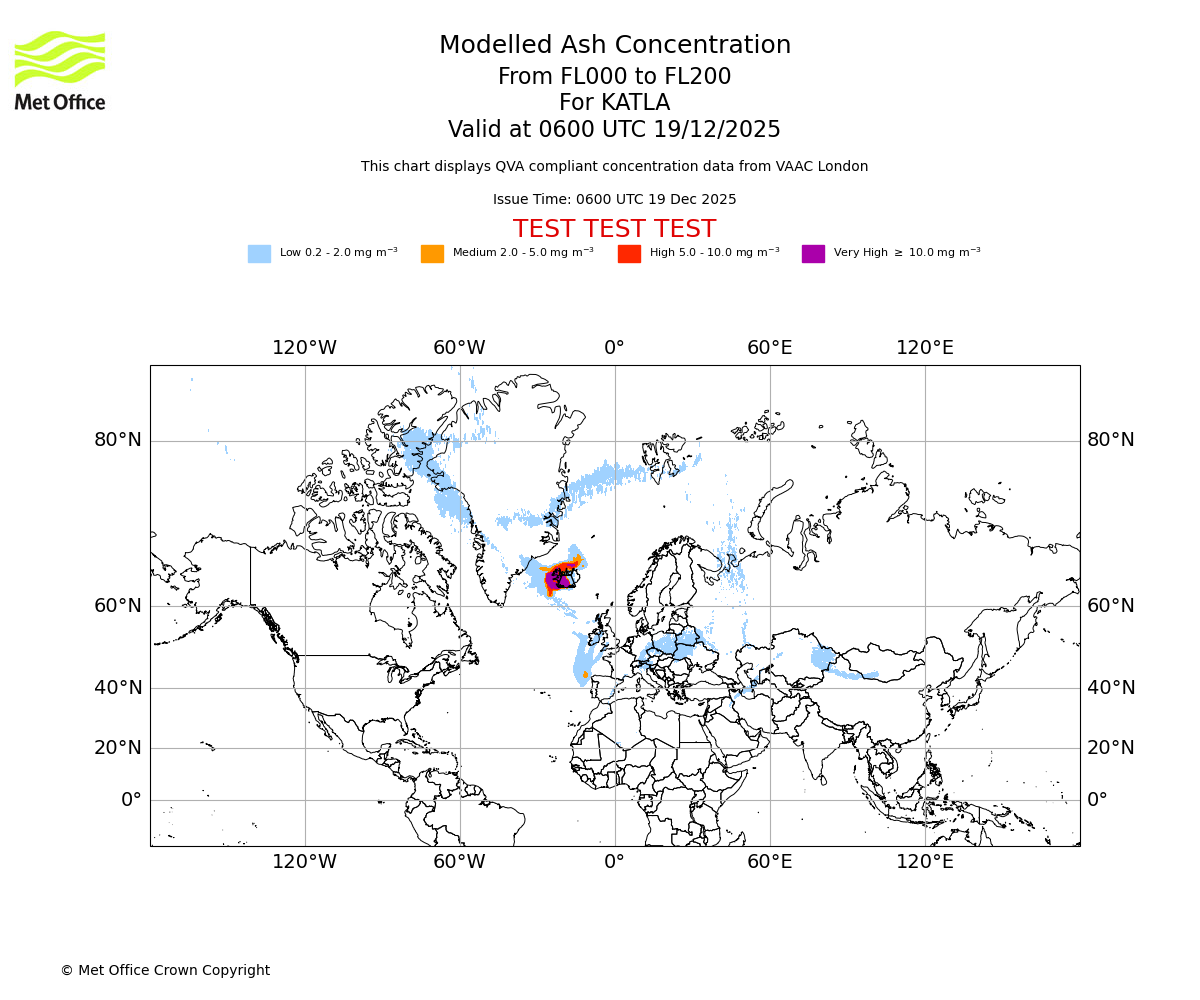 Modelled ash concentration from 000 to 200 for KATLA. Valid at 0600 UTC 19/12/2025