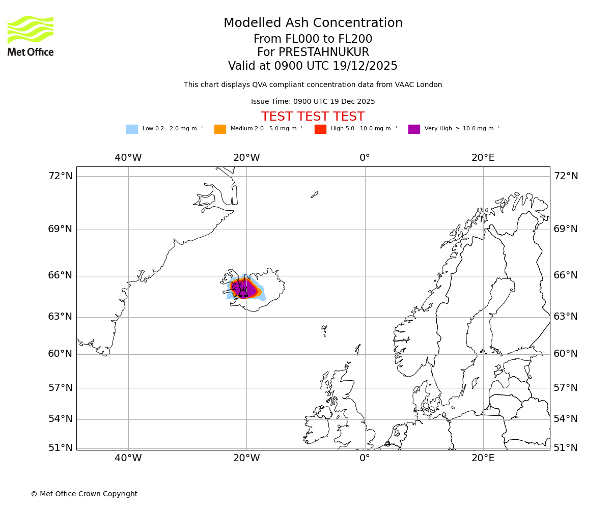 Modelled ash concentration from 000 to 200 for PRESTAHNUKUR. Valid at 0900 UTC 19/12/2025