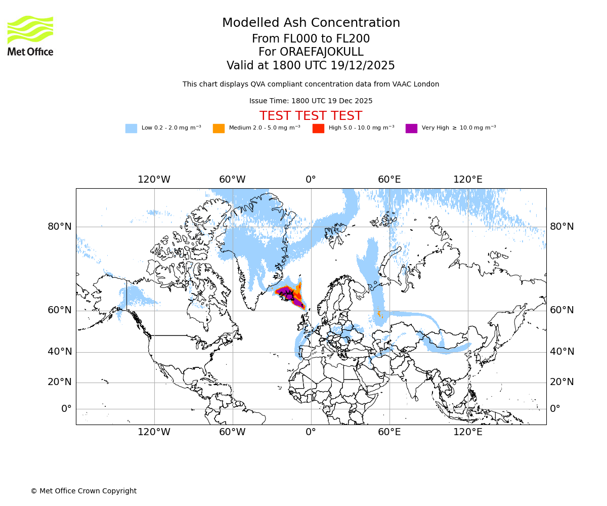 Modelled ash concentration from 000 to 200 for ORAEFAJOKULL. Valid at 1800 UTC 19/12/2025