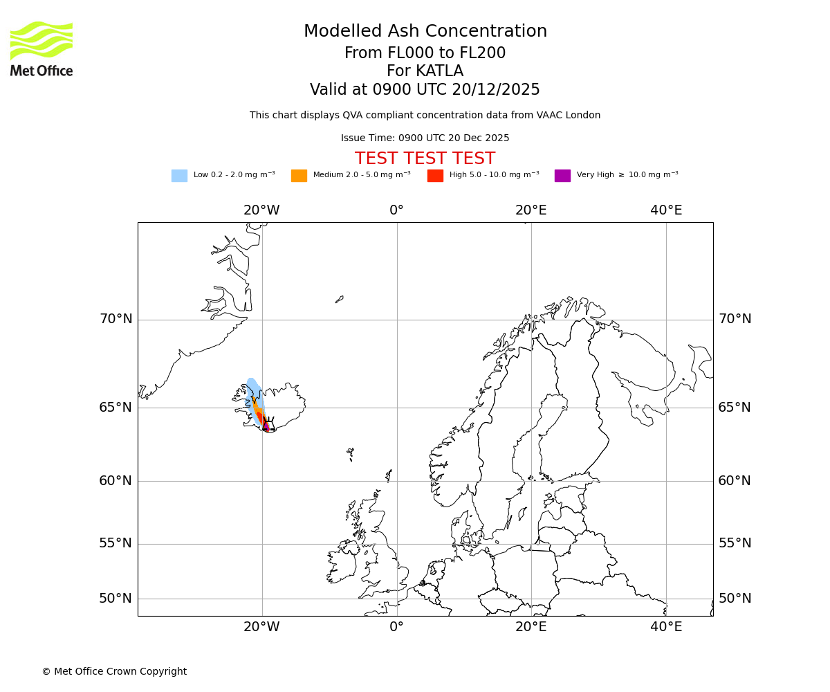 Modelled ash concentration from 000 to 200 for KATLA. Valid at 0900 UTC 20/12/2025