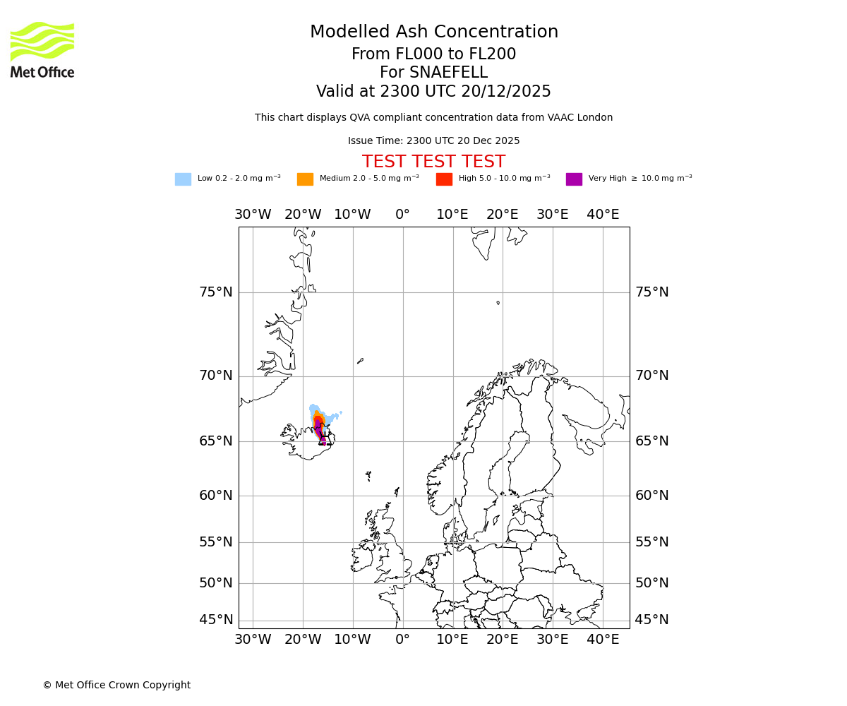 Modelled ash concentration from 000 to 200 for SNAEFELL. Valid at 2300 UTC 20/12/2025
