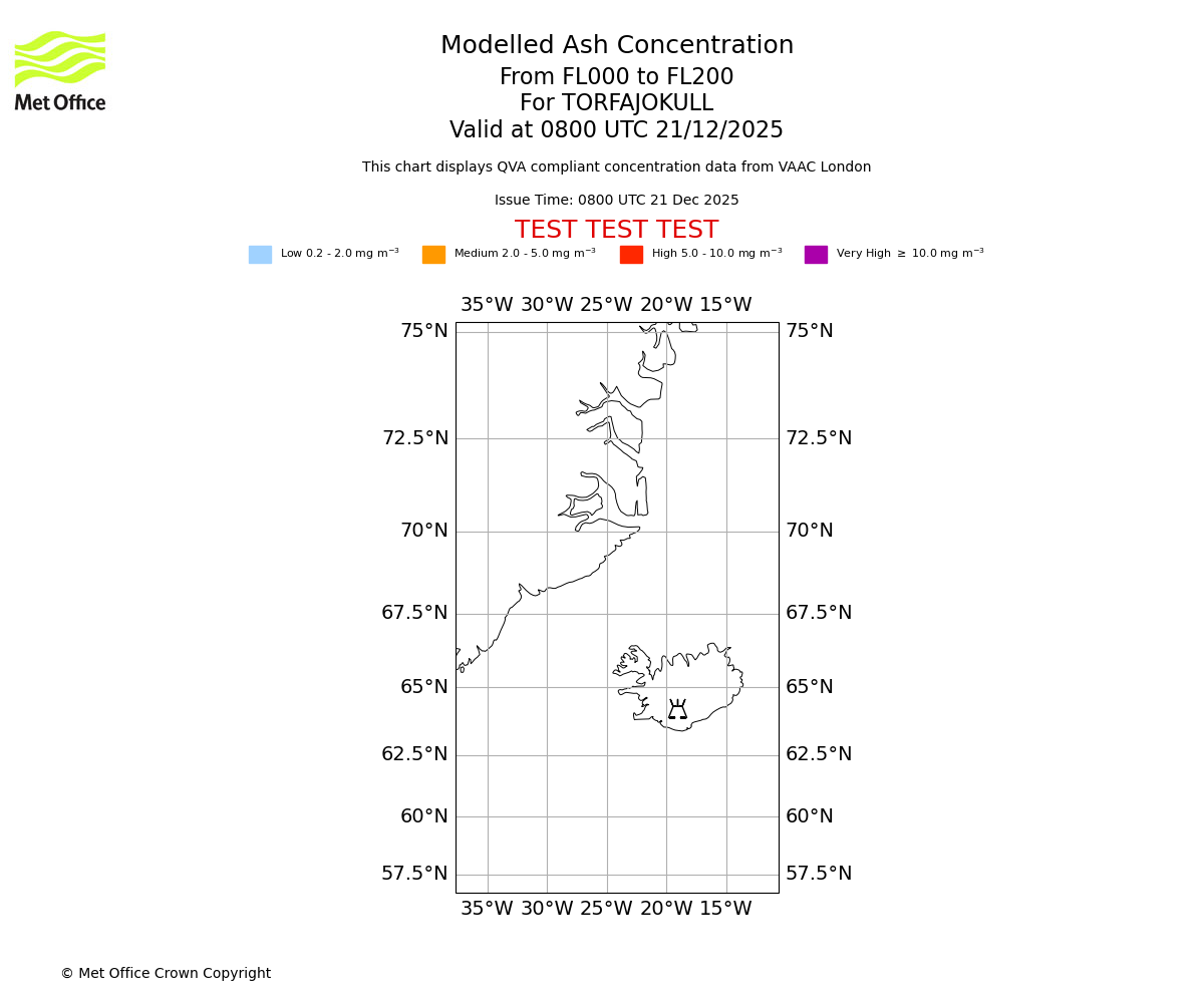 Modelled ash concentration from 000 to 200 for TORFAJOKULL. Valid at 0800 UTC 21/12/2025