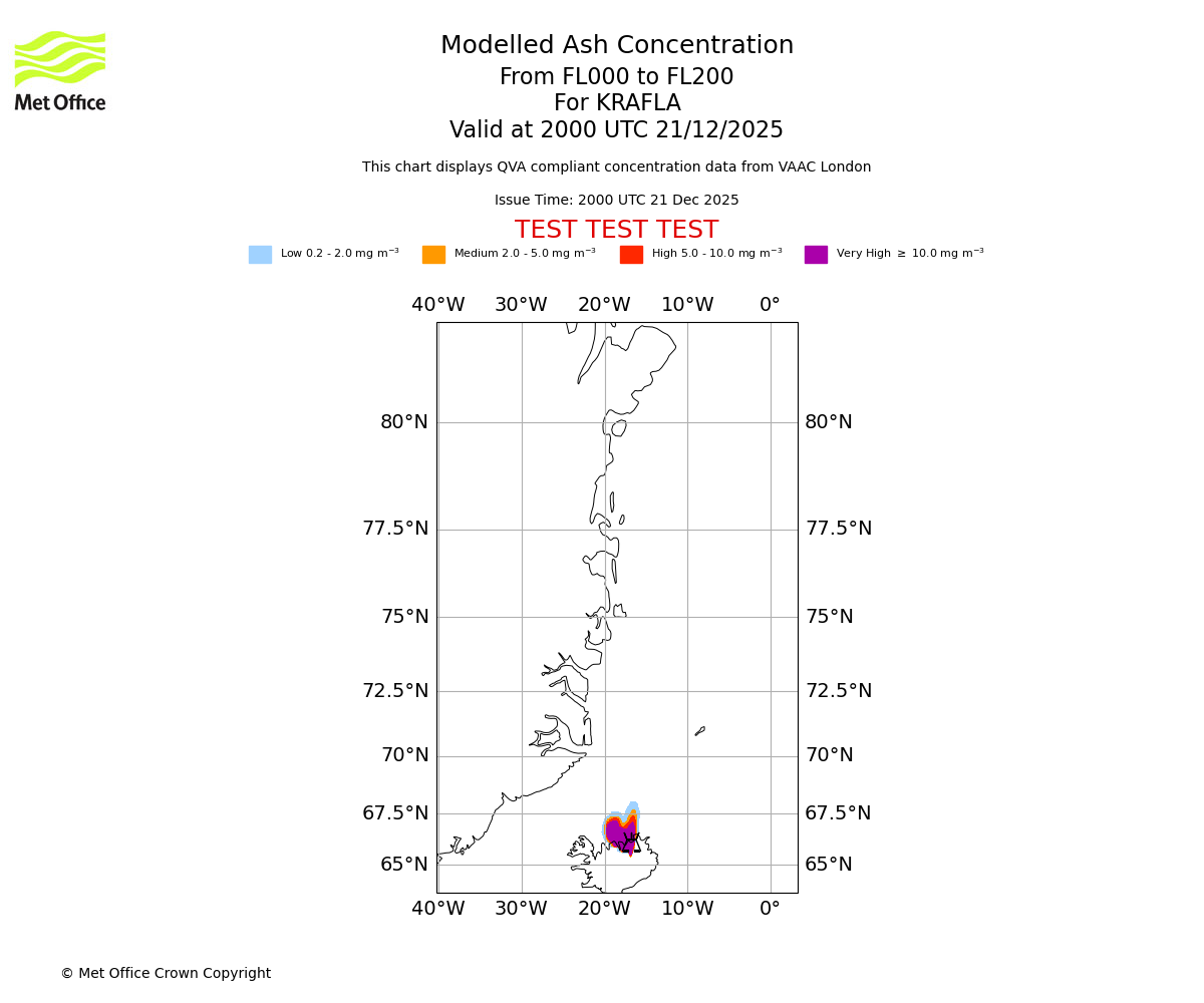 Modelled ash concentration from 000 to 200 for KRAFLA. Valid at 2000 UTC 21/12/2025