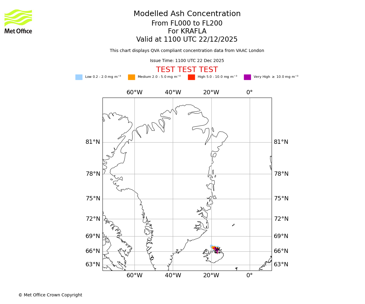 Modelled ash concentration from 000 to 200 for KRAFLA. Valid at 1100 UTC 22/12/2025