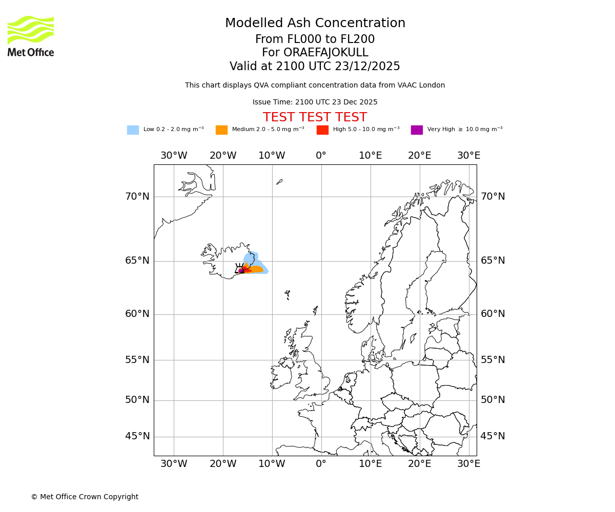 Modelled ash concentration from 000 to 200 for ORAEFAJOKULL. Valid at 2100 UTC 23/12/2025