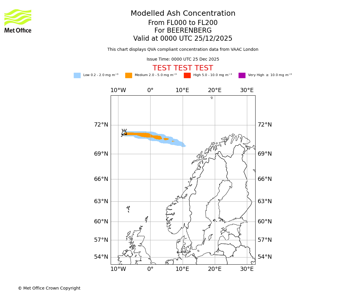 Modelled ash concentration from 000 to 200 for BEERENBERG. Valid at 0000 UTC 25/12/2025