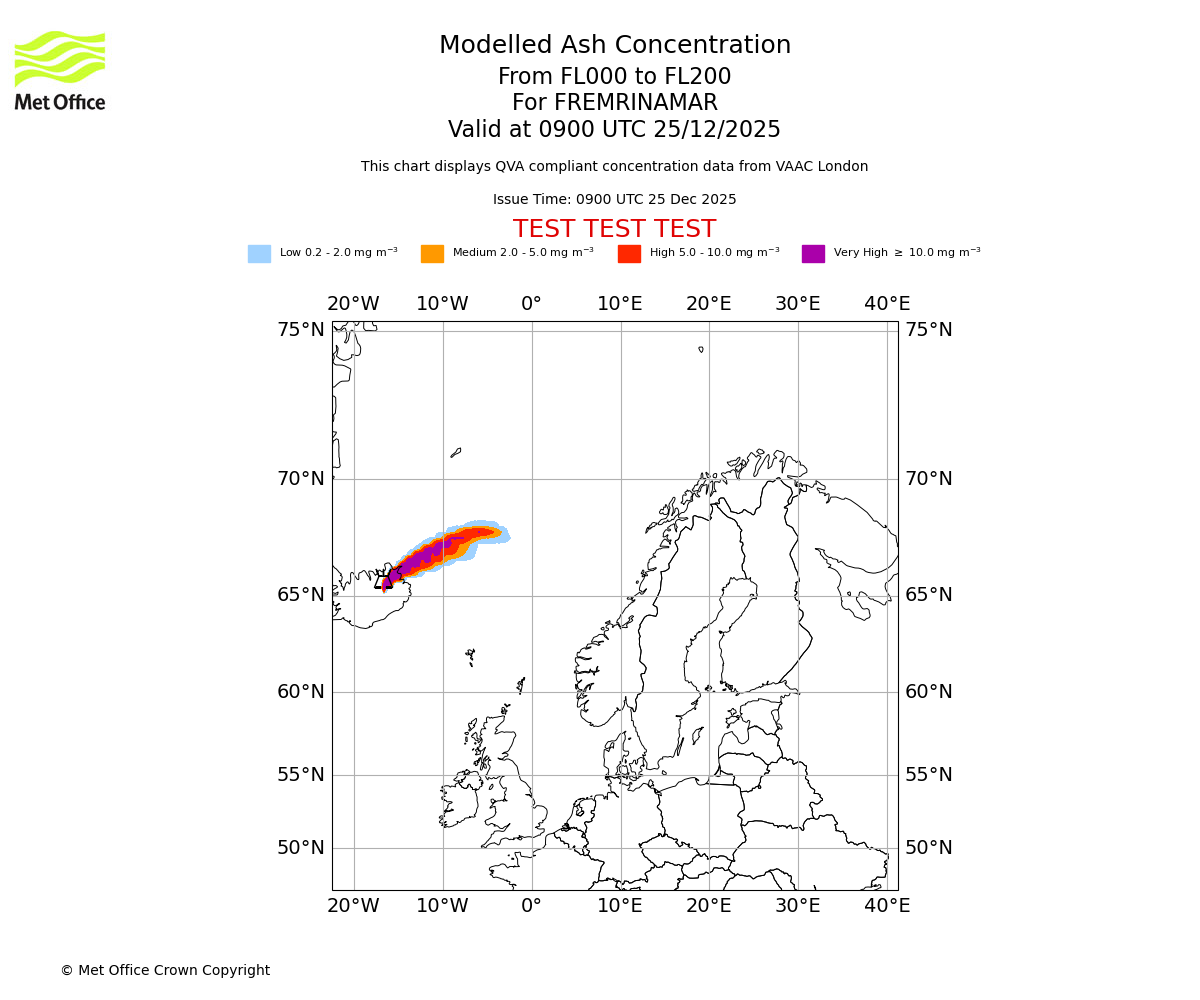 Modelled ash concentration from 000 to 200 for FREMRINAMAR. Valid at 0900 UTC 25/12/2025