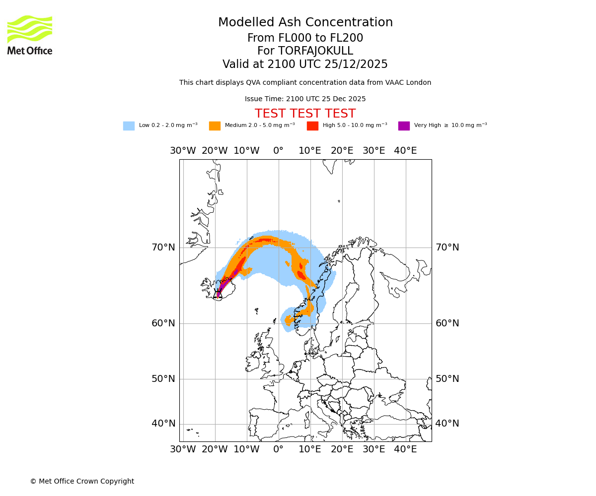 Modelled ash concentration from 000 to 200 for TORFAJOKULL. Valid at 2100 UTC 25/12/2025