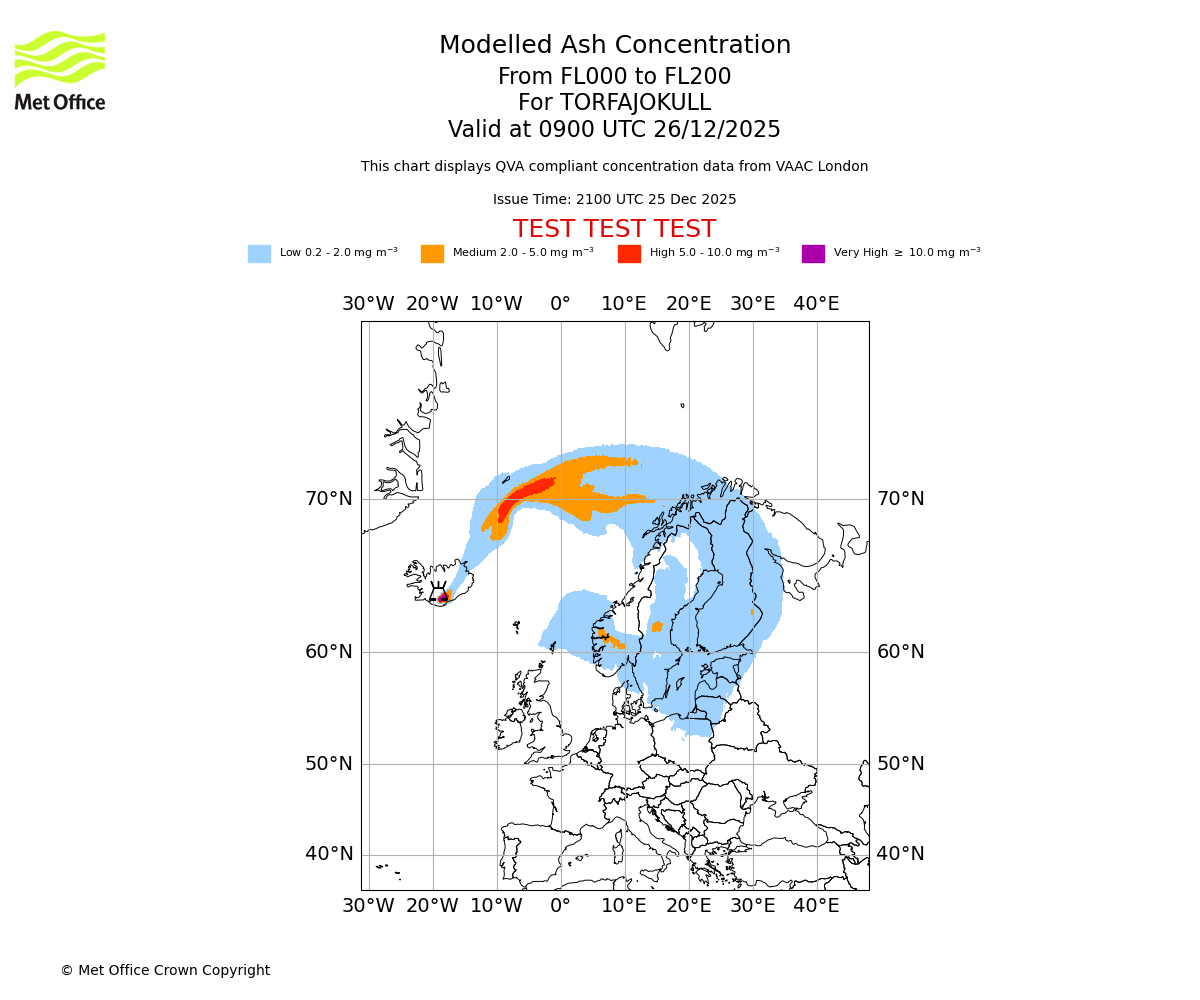 Modelled ash concentration from 000 to 200 for TORFAJOKULL. Valid at 0900 UTC 26/12/2025