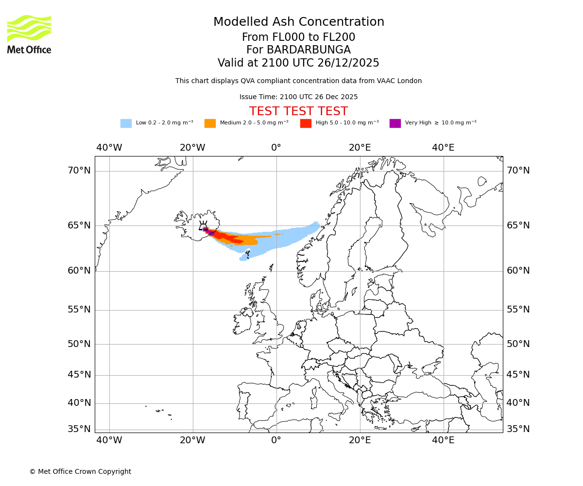 Modelled ash concentration from 000 to 200 for BARDARBUNGA. Valid at 2100 UTC 26/12/2025