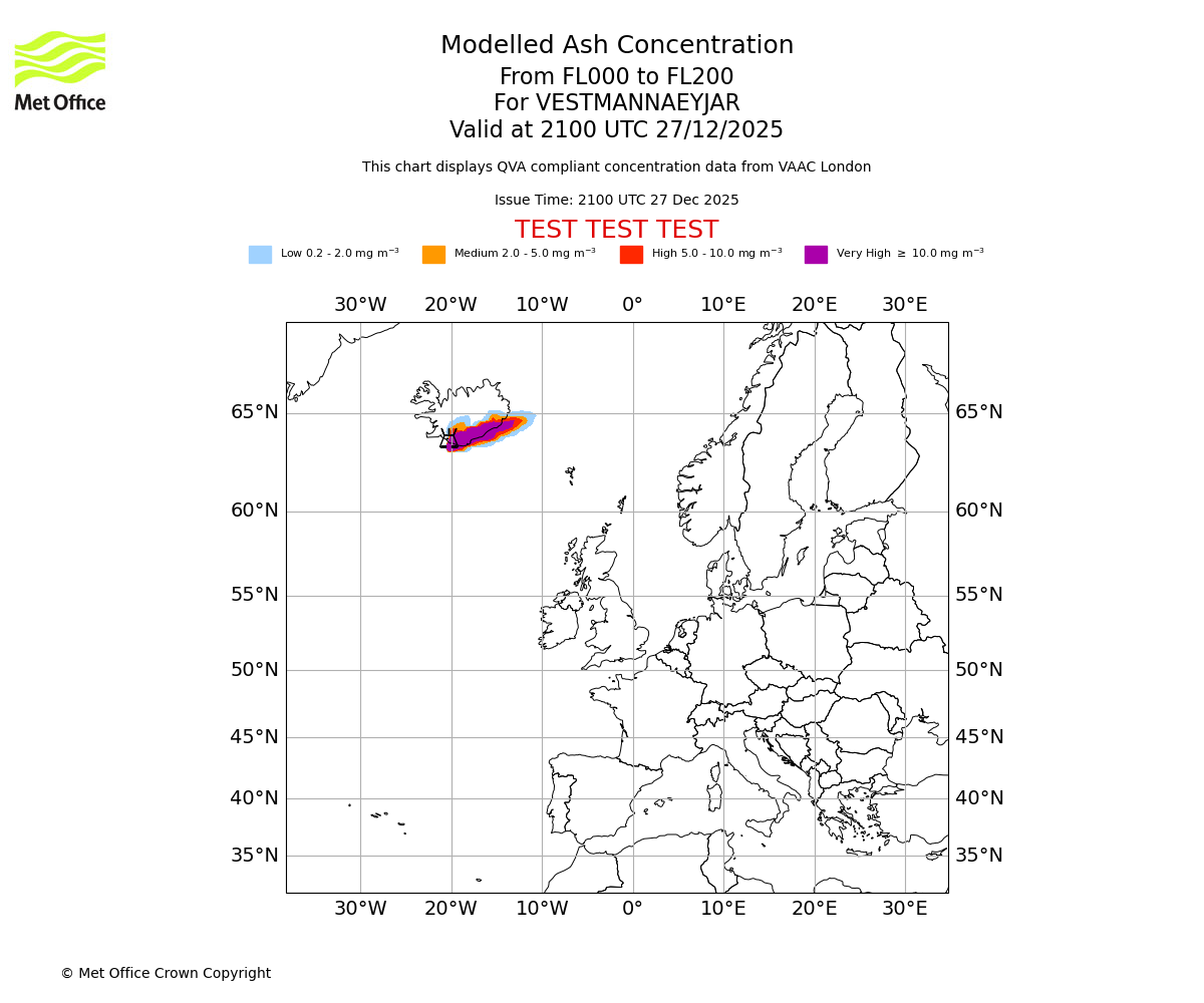 Modelled ash concentration from 000 to 200 for VESTMANNAEYJAR. Valid at 2100 UTC 27/12/2025