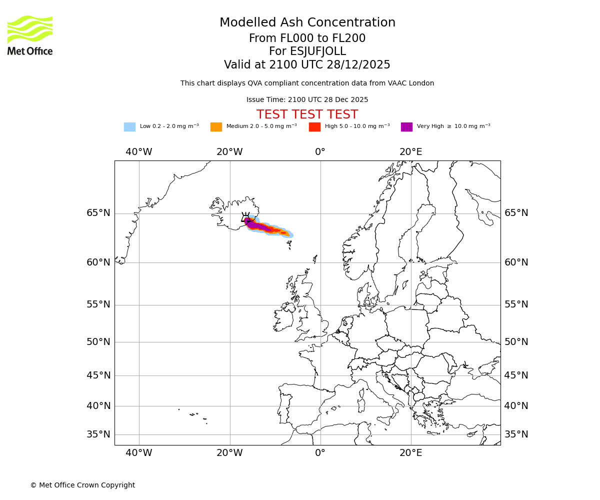 Modelled ash concentration from 000 to 200 for ESJUFJOLL. Valid at 2100 UTC 28/12/2025