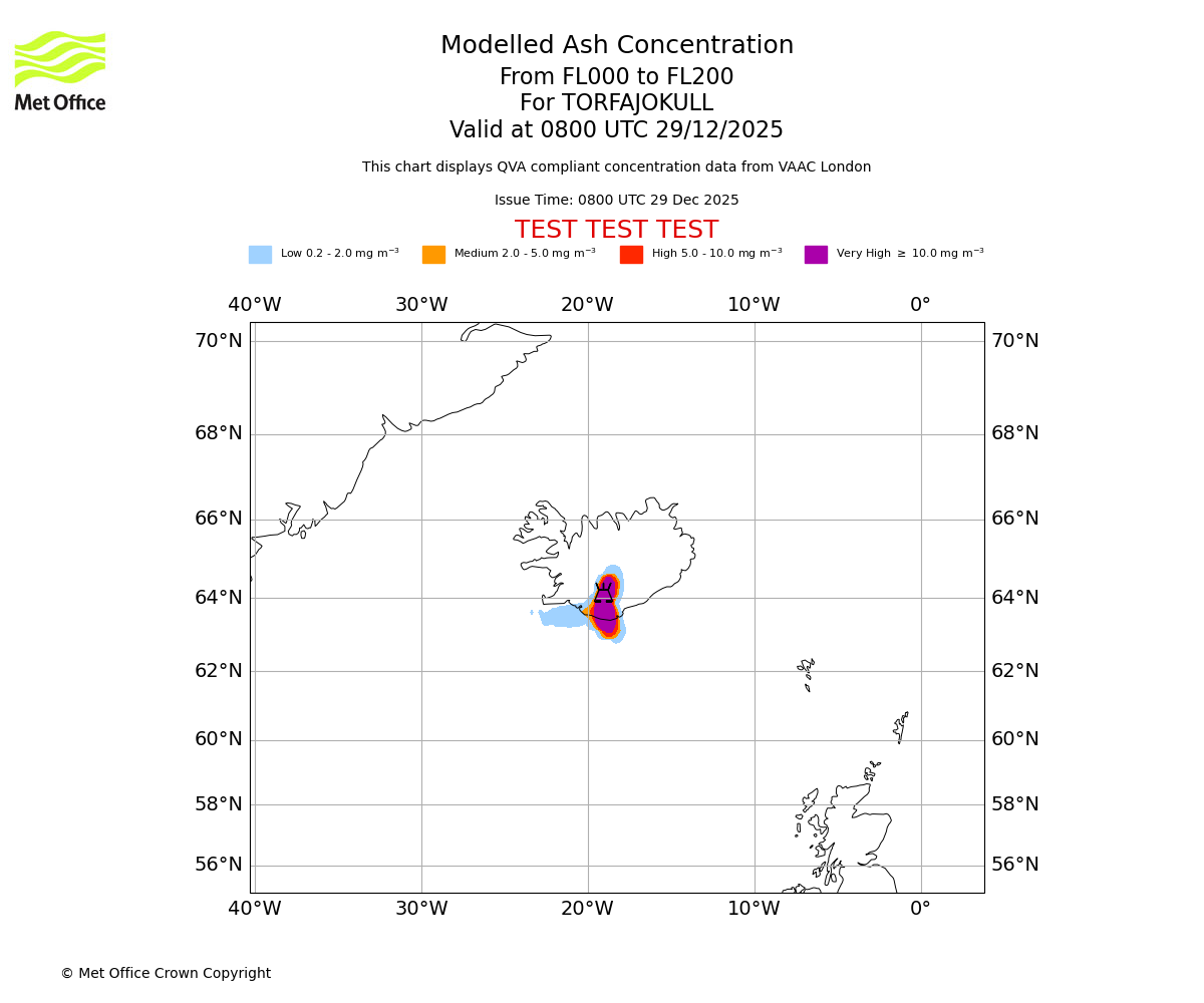 Modelled ash concentration from 000 to 200 for TORFAJOKULL. Valid at 0800 UTC 29/12/2025