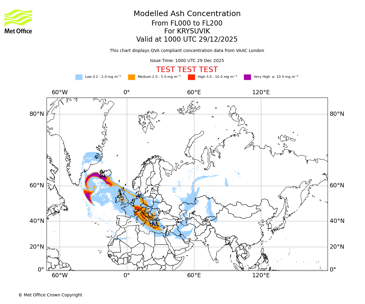 Modelled ash concentration from 000 to 200 for KRYSUVIK. Valid at 1000 UTC 29/12/2025