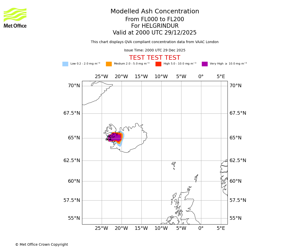 Modelled ash concentration from 000 to 200 for HELGRINDUR. Valid at 2000 UTC 29/12/2025