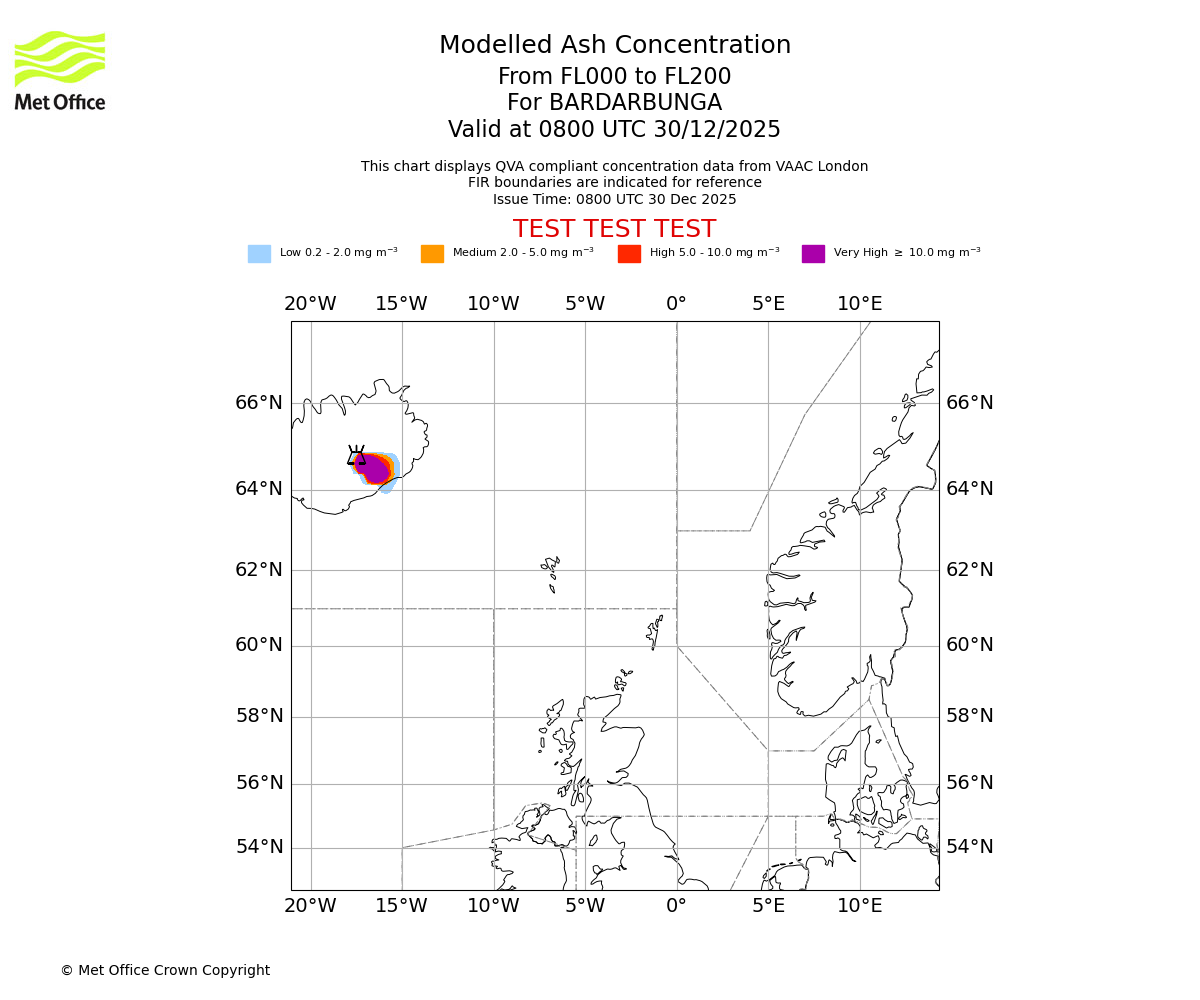 Modelled ash concentration from 000 to 200 for BARDARBUNGA. Valid at 0800 UTC 30/12/2025
