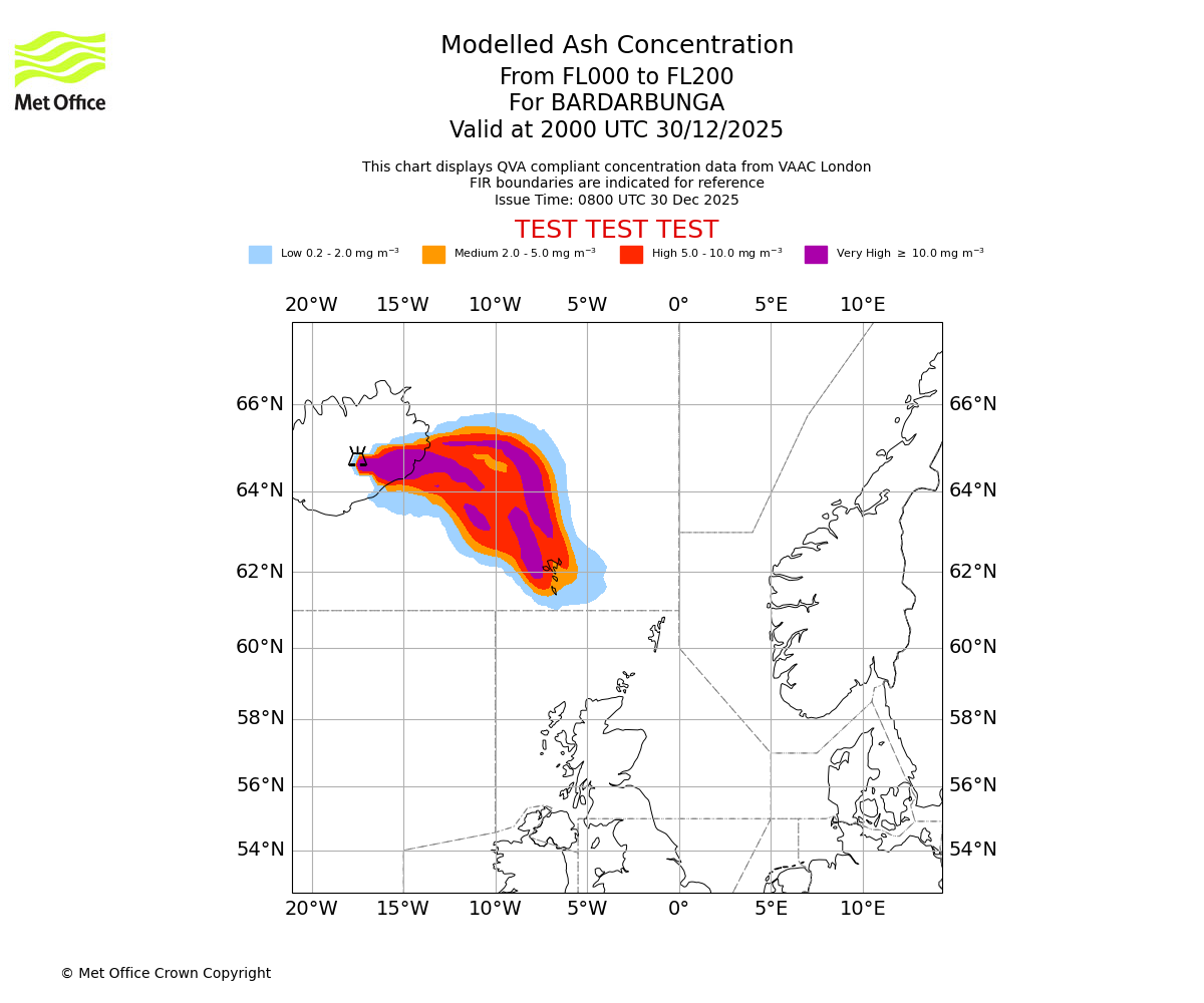 Modelled ash concentration from 000 to 200 for BARDARBUNGA. Valid at 2000 UTC 30/12/2025