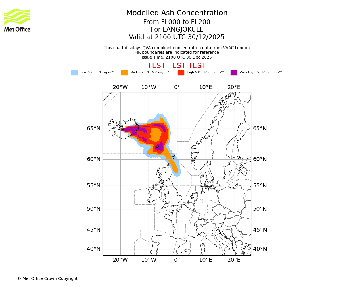 Modelled ash concentration from 000 to 200 for LANGJOKULL. Valid at 2100 UTC 30/12/2025