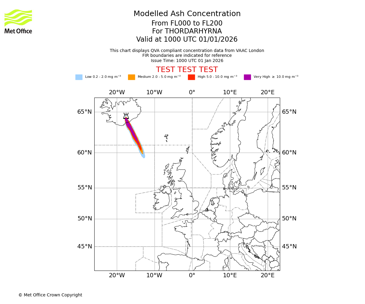 Modelled ash concentration from 000 to 200 for THORDARHYRNA. Valid at 1000 UTC 01/01/2026