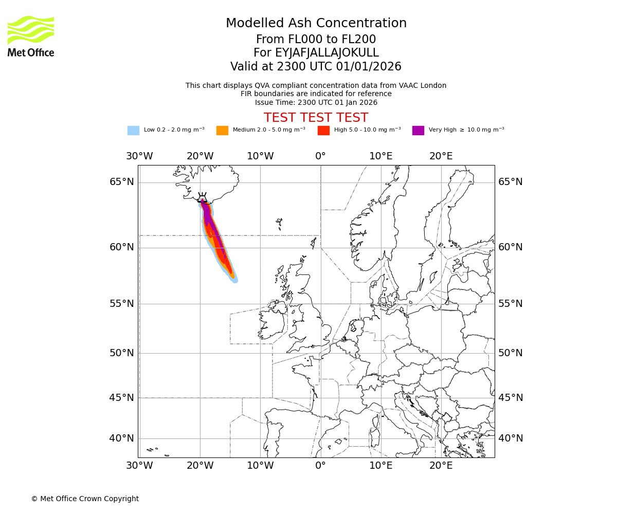 Modelled ash concentration from 000 to 200 for EYJAFJALLAJOKULL. Valid at 2300 UTC 01/01/2026