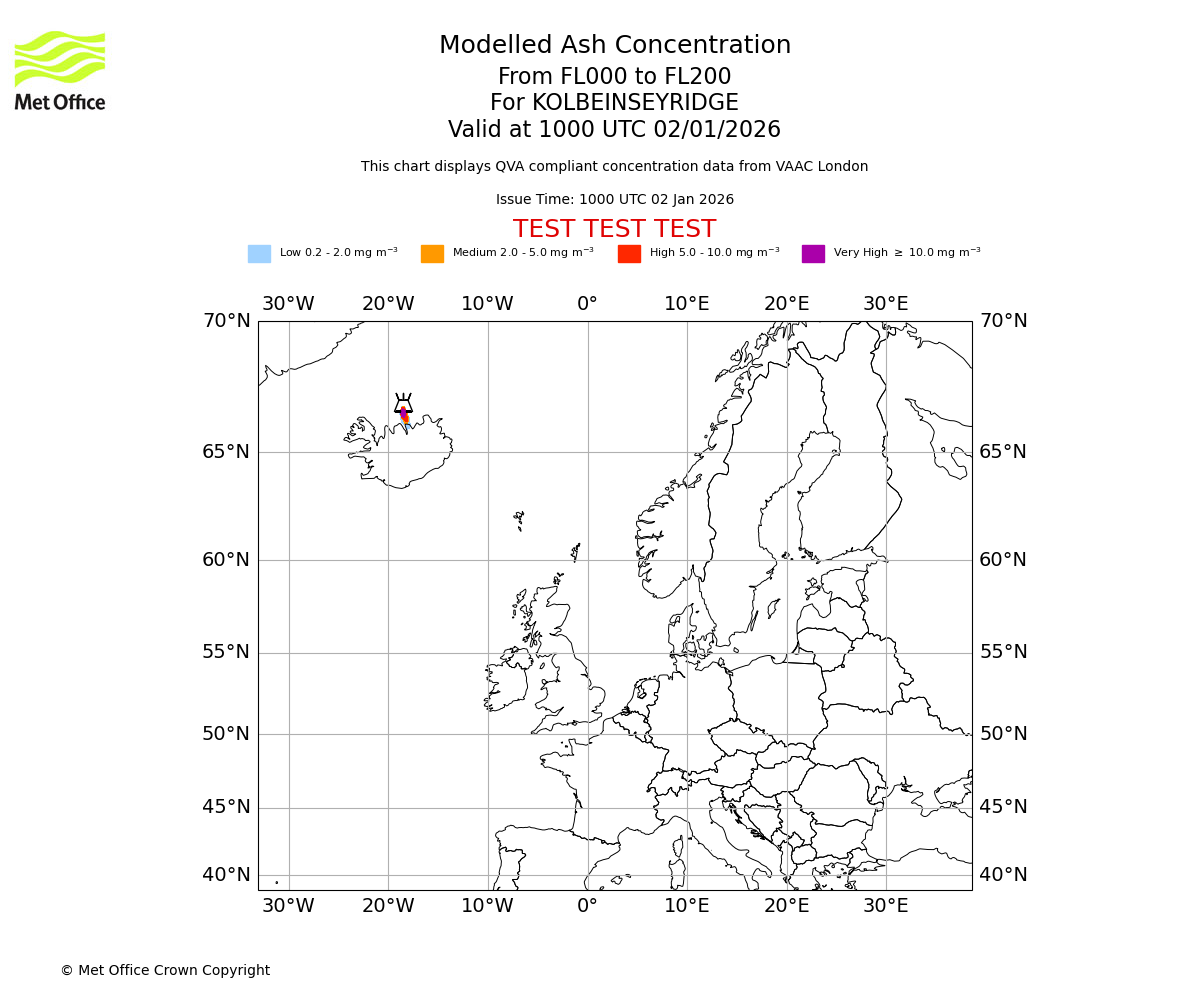 Modelled ash concentration from 000 to 200 for KOLBEINSEYRIDGE. Valid at 1000 UTC 02/01/2026